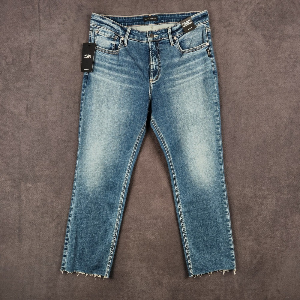 Silver Jeans Co Jeans Womens‎ 34x27 Blue Most Wanted Ankle Straight Raw Hem NEW
